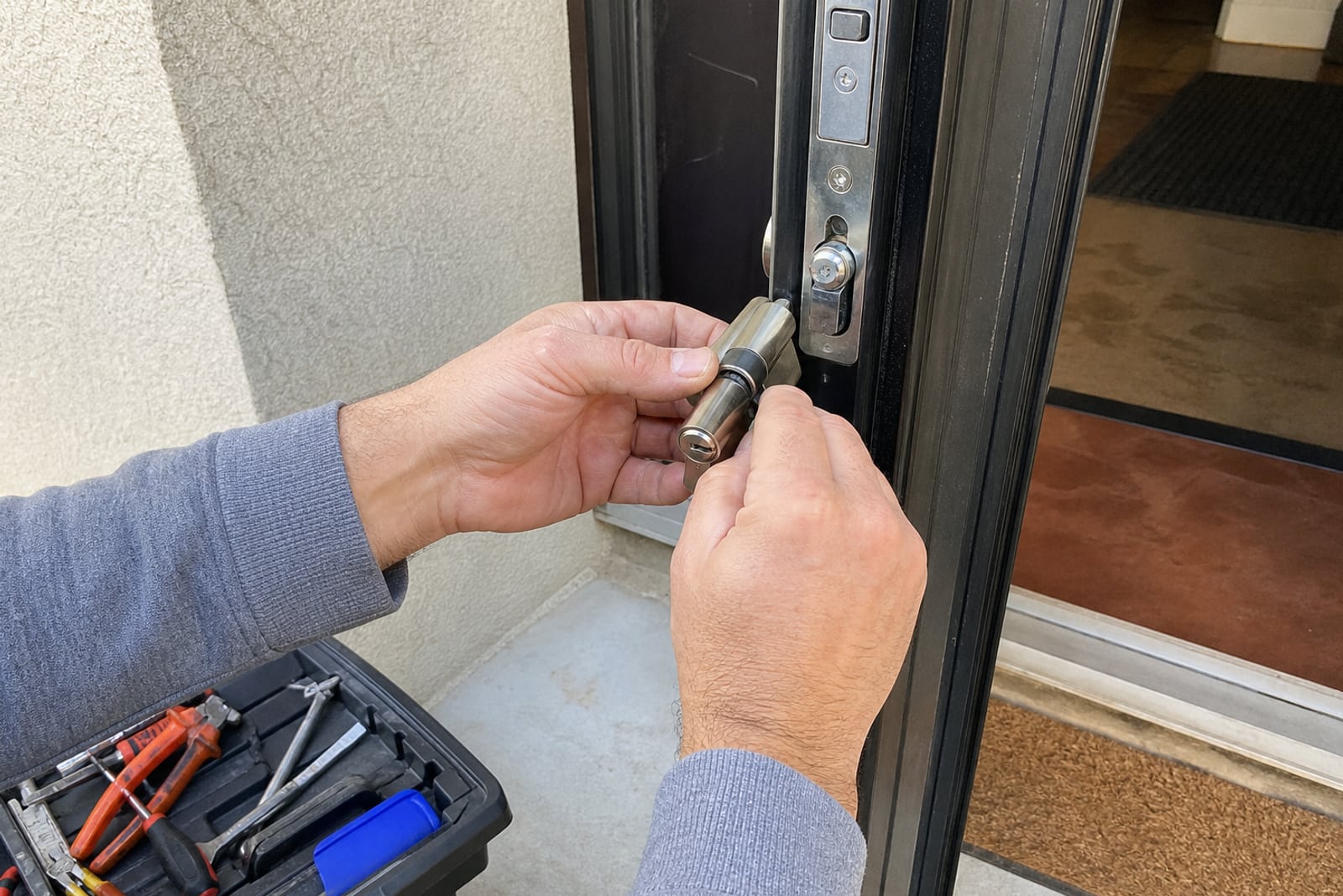 mains remplaçant cylindre porte pièce neuve installée