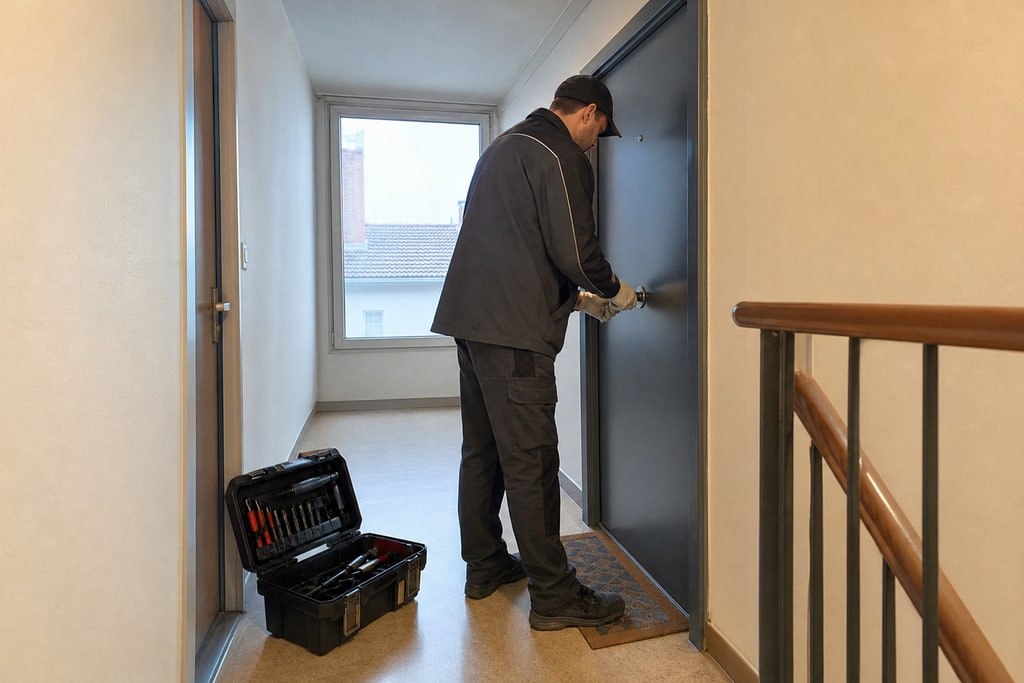 artisan serrurier de profil devant porte avec caisse